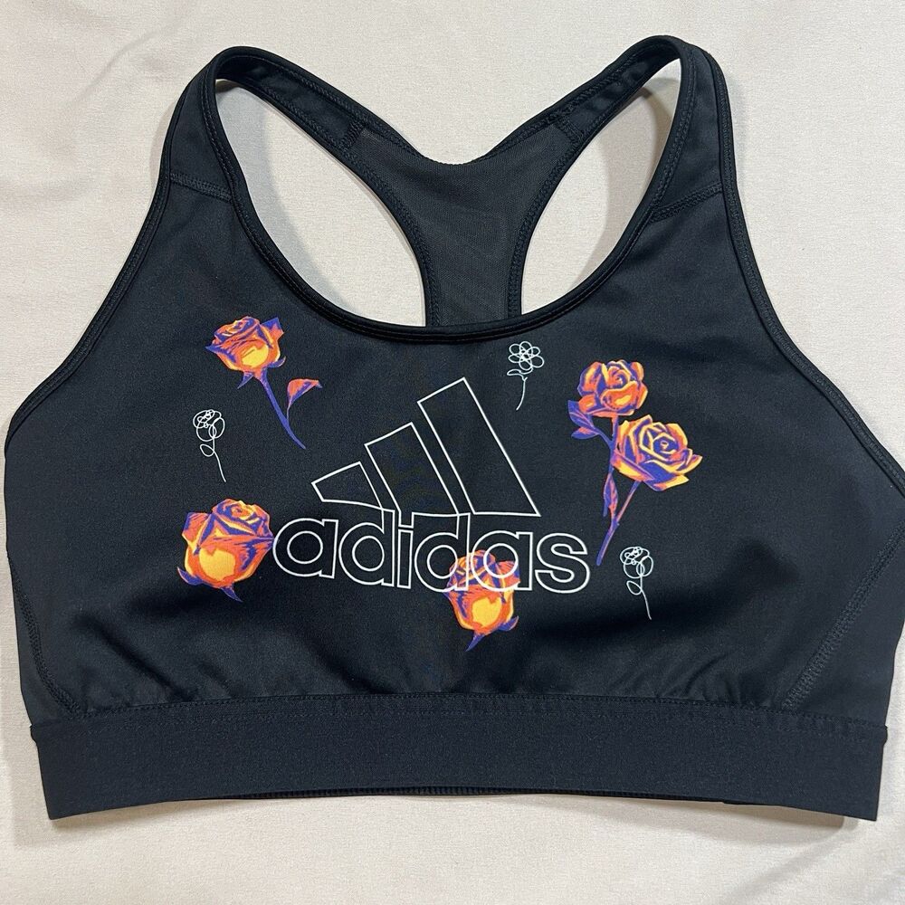 adidas Women's Floral GFX Low Support Sports Bra - Black/Orange Roses Sz L